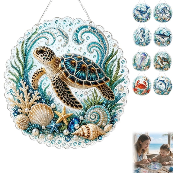 PLPPYFS Sea Turtle Diamond Art Kits for Adults, Acrylic Hanging Suncatcher Sea Turtle Diamond Suncatcher, Special Shaped Diamonds, Hanging Chain, Complete DIY Craft Tools, Hanging Ornament