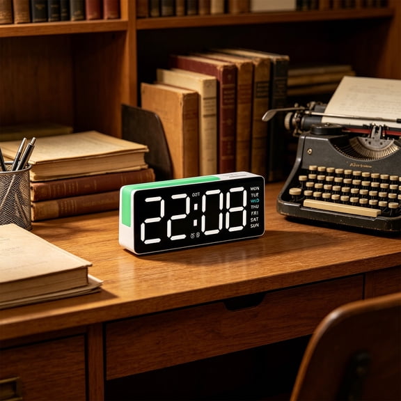PLPPYFS Small Digital Clocks for Living Room with Temperature, Date & Time Display - Birghtness, Compact Plug-in Alarm Clock for Bedroom, Office