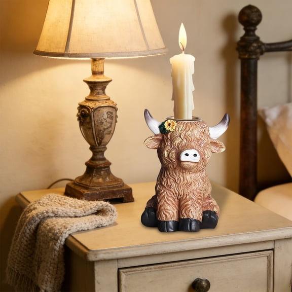 PLPPYFS Small Floral Highlands Yak Resin Crafts Figurines Candlestick Ornament, Cute Farm Animal Candle Holder, Farmhouse for Living Room Office Or Room Decoration (1PCS)