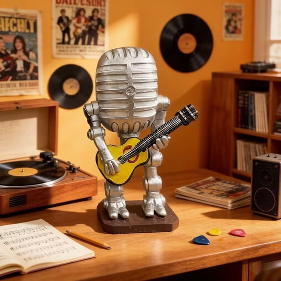 PLPPYFS Solar Powered Vintage Microphone Robot Guitar Figurine, Creativity Resin Rocks Guitar Figurine Resin Rock Music Night Light Desktop Ornament, 2 Metallic Finishes for Music Lovers Gift