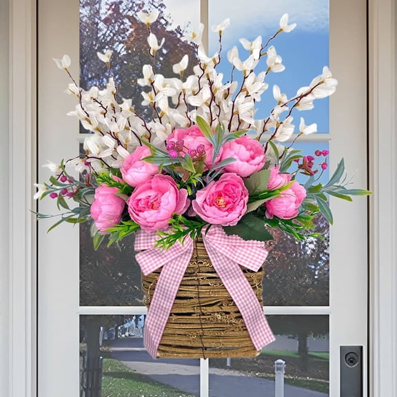 PLPPYFS Spring Basket Wreath for Front Door - Rattan Door Hanger with Burlap Bow, Rustic Farmhouse Decor for Spring Weddings, and Year-Round Home Accent