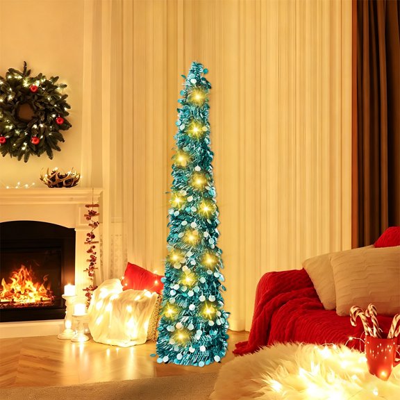 PLPPYFS Tinsel Christmas Tree, Christmas Tree 5ft Artificial with Light, Skinny Christmas Tree Decor for Holiday Xmas Home Office