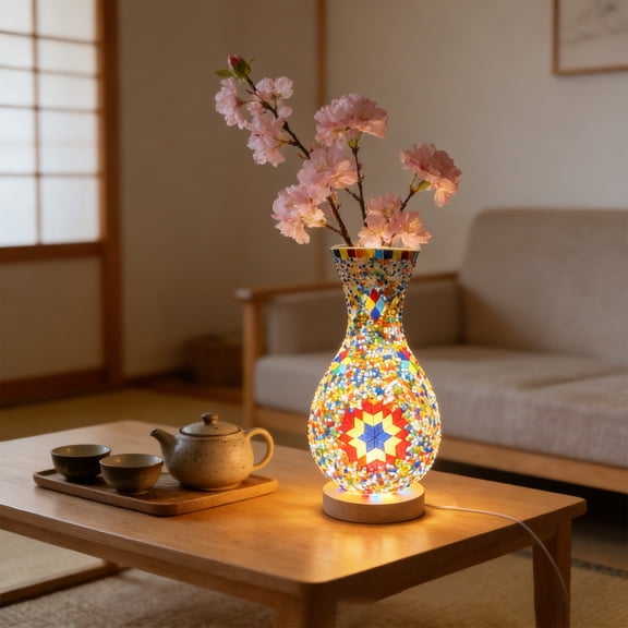 PLPPYFS Vase Lamp, 3-Color Dimmable Artificial Flowers Night Light, Colorful Handmade Glass Vase with Wood Base for Flowers, USB Charge Decor Light for Bedroom Ambient Living Room Farmhouse