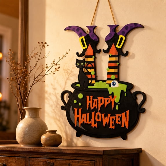 PLPPYFS Vintage Happy Halloween Decorations Sign, Pumpkins Ghost Wood Wreath for Front Door Porch Window Wall Hanging Decor, Black Orange Spooky Decoration for Party Home
