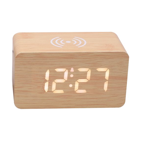 PLPPYFS Wooden Digital Alarm Clock, Fast Wireless Charger Station, Dual Alarm, Weekday/Weekend Mode, Wood LED Clock for Bedroom, Desk, Office
