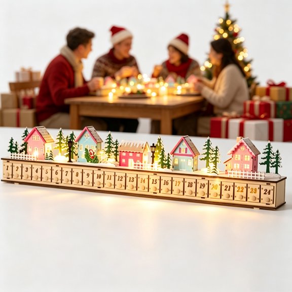 PLPPYFS Wooden LED Lighting Advent Calendar with 24 Drawers, Xmas Village Scene with Santa and Reindeer Sleigh, Battery Operated Holiday Countdown for Home Decor (Battery No Include)