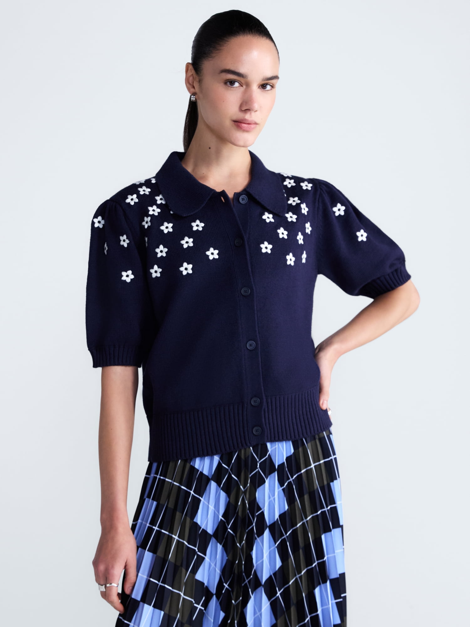 Free Assembly Women's and Women's Plus Embroidered Cardigan Sweater with Elbow Sleeves, Sizes XS-4X