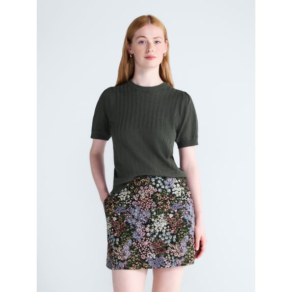 Free Assembly Women’s and Women's Plus Pointelle Sweater with Puff Sleeves, Sizes XS-4X
