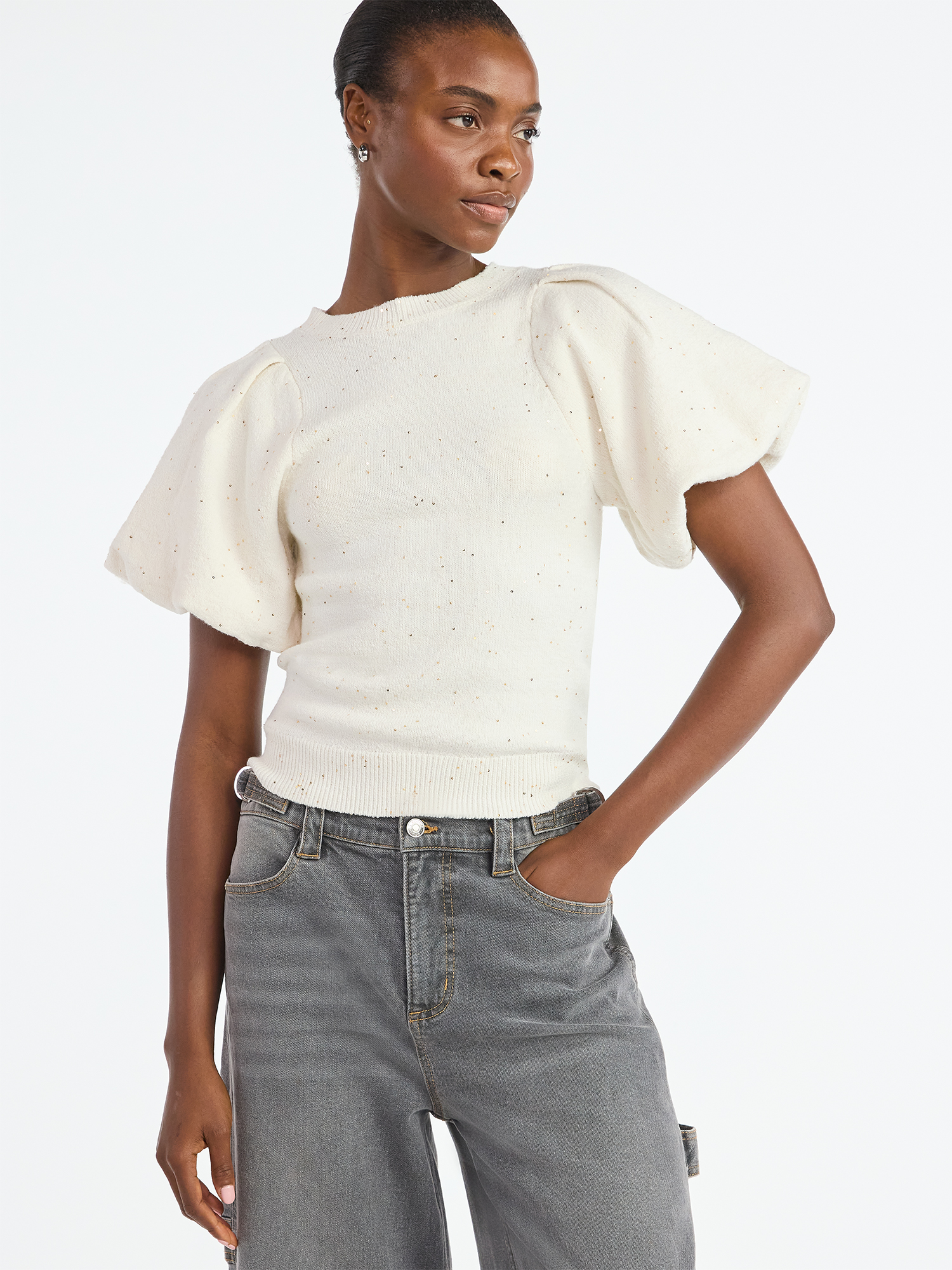 Scoop Women's and Women's Plus Sequin Sweater Top with Puff Sleeves, Lightweight, Sizes XS-4X
