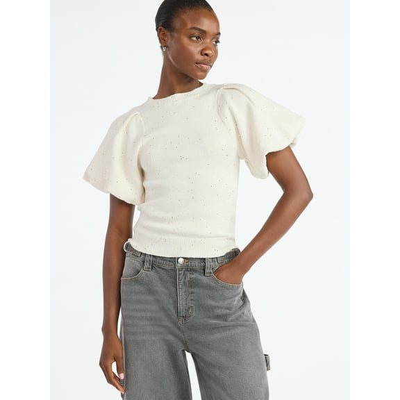 Scoop Women's and Women's Plus Sequin Sweater Top with Puff Sleeves, Lightweight, Sizes XS-4X