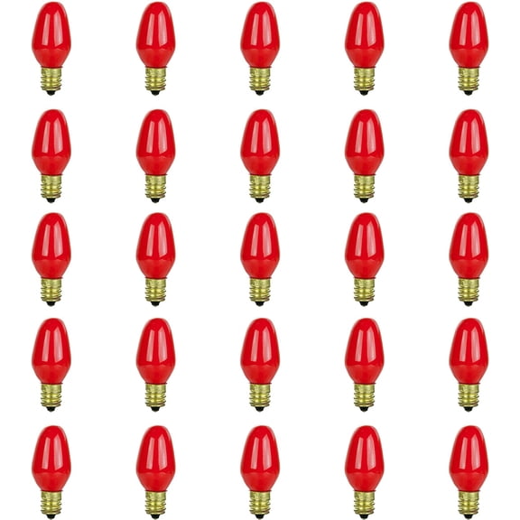 PLUHKN-01275 7C7 Incandescent Bulb, 7 Watt, Candelabra E12 Base, C7 Small Night Light, Colored Bulb, Red, 25 Count