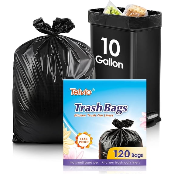 PLUHKN-10 Gallon 120 Counts Medium Trash Bags Garbage Bags, Bathroom Trash Can Bin Liners, Plastic Bags for home office kitchen garden, Black