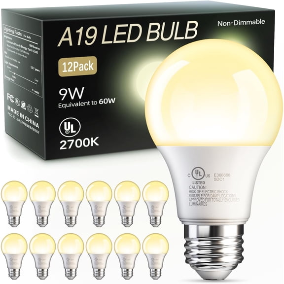 PLUHKN-12 Pack A19 LED Light Bulbs 60 Watt Equivalent, Efficient 9W, Soft Warm White 2700K, E26 Standard Base, Non Dimmable Energy Saving Warm Light Bulb for Home Bedroom, 800LM, 120V, 80 CRI, UL Lis