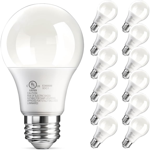PLUHKN-12 Pack A19 LED Light Bulbs, 60 Watt Equivalent LED Bulb, Efficient 9W, Daylight 5000K, E26 Standard Base, Bright White Lightbulb, Non Dimmable, Energy Saving, 800LM, 80 CRI, 120V, UL Listed