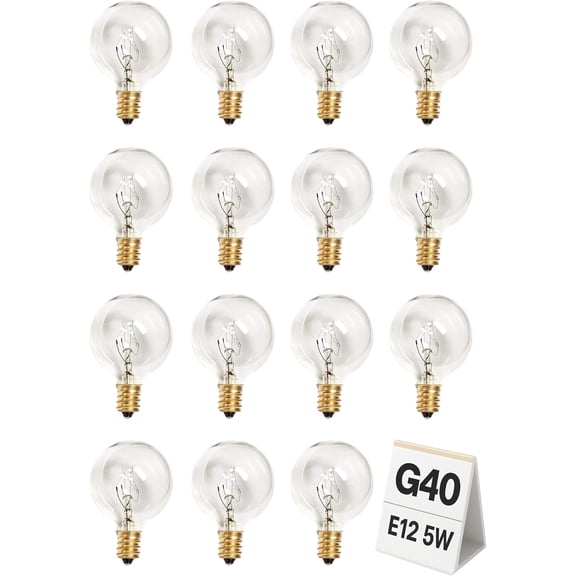 PLUHKN-15-Pack G40 Replacement Light Bulbs, 5W Clear Incandescent E12 Base Bulbs for Quick String Light Repair, Small DIY Projects, & Wax Warmers, Dimmable Warm White Globe Lightbulbs