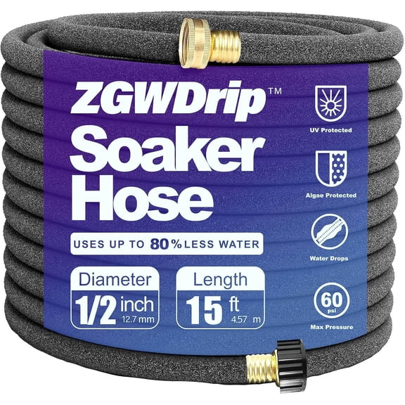 PLUHKN-15FT 1/2" Water-Saving Soaker Hose with Solid Brass Connectors, Drip Irrigation Kit for Lawn & Yard
