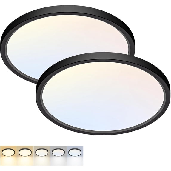 PLUHKN-2 Pack LED Flush Mount Ceiling Light,12Inch 24W,3000K/3500K/4000K/5000K/6500K 5 Color Temperatures Ceiling Light Fixture for Kitchen Porch Hallway Bedroom Bathroom and Closet,Black