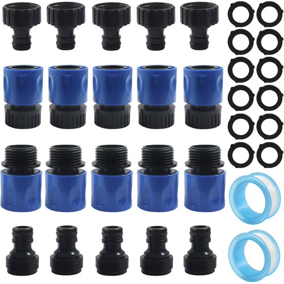PLUHKN-20 Pcs Garden Hose Quick Connect Fittings, 3/4 Inch Plastic Fittings Male and Female, Blue Water Hose End Adapters for Gardening/Irrigation, with Rubber Washers, Sealing Tape