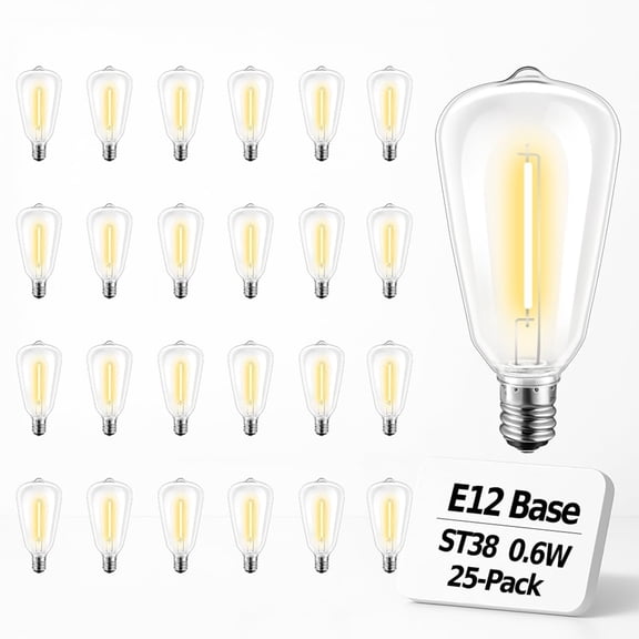 PLUHKN-25Pack ST38 LED String Light Replacement Bulbs, Shatter-Resistant Vintage Style, Outdoor Ready, 0.6W Ultra-Efficient (7W Incandescent Eq.), 2700K Warm White, E12 Candelabra Base