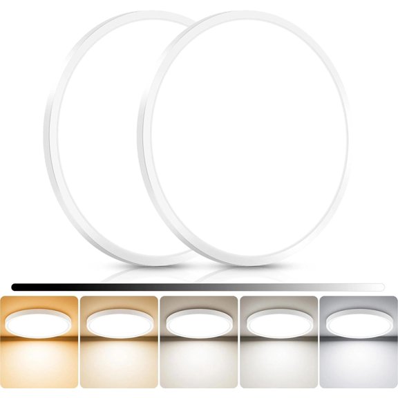 PLUHKN-2Pack 13inch LED Flush Mount Ceiling Light, Dimmable & 5Color Temperatures (3000K-6500K), 24W Round Slim White Light Fixture for Bedroom Livingroom Garage Kitchen