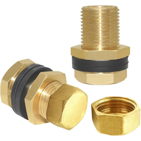 PLUHKN-2Set Brass Male Bulkhead Kit Include 1/8" NPT Female 3/8" Male Water Tank Connector Threaded And 3/8" Female Outer Hex Head End Pipe Caps with Rubber Gasket