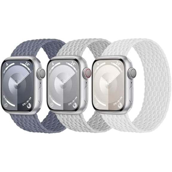 PLUHKN-3 Pack Stretchy Braided Solo Loop Compatible with Apple Watch Bands 40mm 41mm 42mm 38mm 44mm 45mm 46mm 49mm Women Men, Elastic Nylon Solace Strap for iWatch Series 11 10 9 8 7 6 5 4 3 Ultra/SE