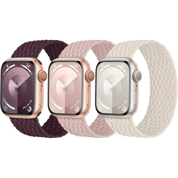 PLUHKN-3 Pack Stretchy Braided Solo Loop Compatible with Apple Watch Bands 40mm 41mm 42mm 38mm 44mm 45mm 46mm 49mm Women Men, Elastic Nylon Solace Strap for iWatch Series 11 10 9 8 7 6 5 4 3 Ultra/SE