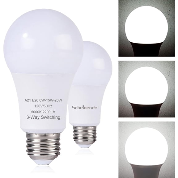 PLUHKN-3-Way Led Light Bulbs A21, 50 100 150 Watt Equivalent, Perfect for Reading, 5000K Daylight, Indoor Standard e 2 6 Bulb, Energy Efficient 20 Watt, 2200 Lumens, 2 Pack