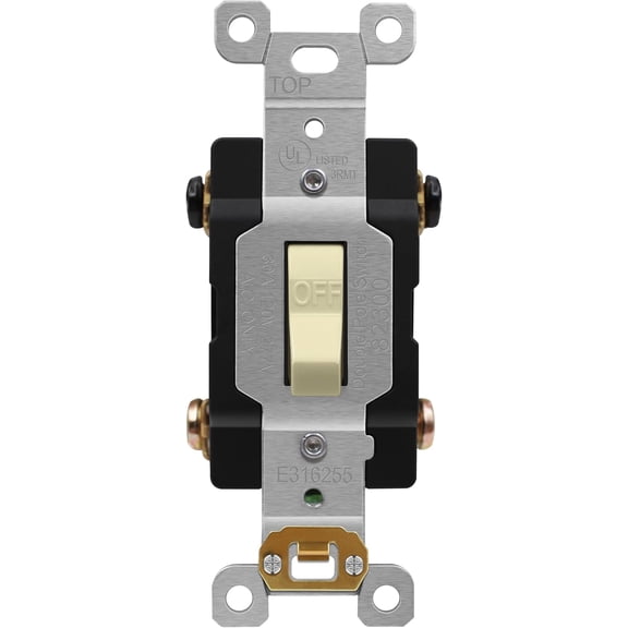PLUHKN-30 Amp Double-Pole Toggle Light Switch, 30A 120/277V, Self-Grounding, Industrial Grade, UL Listed, 82300-I, Ivory