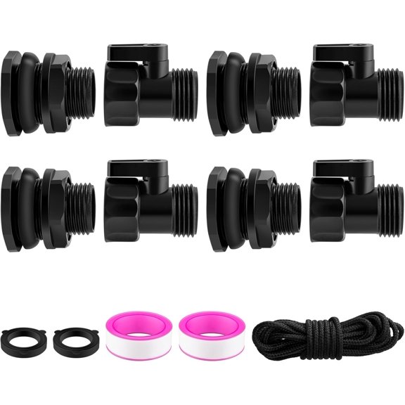 PLUHKN-4 Pack Rain Barrel Spigot Kit, 3/4'' GHT Shut Off Valve with Bidirectional Thread Bulkhead Fitting, Plastic Garden Hose Faucet Adapter for Water Tanks, Rain Barrels & Containers