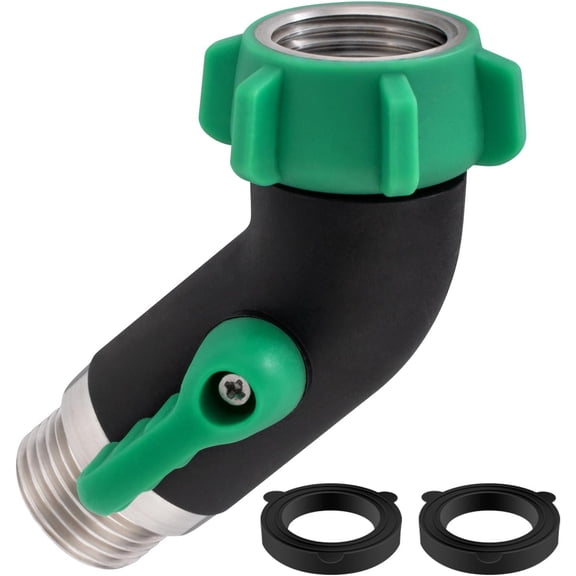 PLUHKN-45 Degree Garden Hose Shut Off Valve, 304 Lead-Free Stainless Steel Garden Hose Elbow Connector with Shut Off Valve, 3/4"GHT No Leak Hose Elbow Adapter for RV Residential Outdoor Faucets