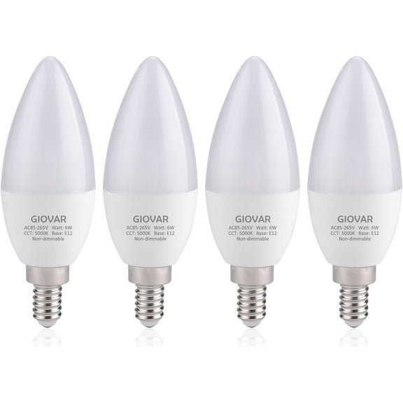 PLUHKN-4Pack LED Celing Fan Light Bulbs 60 Watt, Daylight 5000K, E12 Candelabra Bulb Base Socket, 120V, Type B, Non-Dimmable