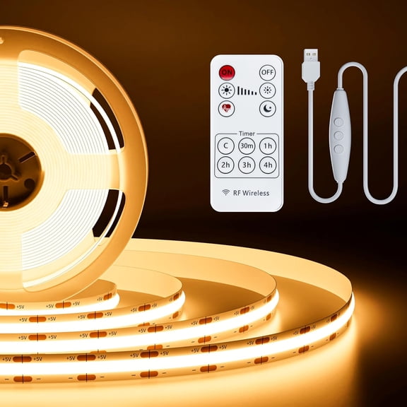 PLUHKN-5V USB COB LED Strip Light 6.56ft/2m 1200lm, Dimmable 640LEDs 2700K Warm White CRI90+ with RF Remote TV Backlight,Flexible Under Cabinet Tape Light for Bedroom,Kitchen,Home DIY Lighting