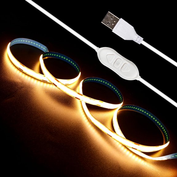 PLUHKN-5V USB LED Strip Lights, 3.28FTx2 3Key COB Light Strip Warm White, Short LED Strip Light, Flexible Bright 5V Led Strip for Under Cabinet, Kitchen, TV Backlight, Shelves, Displays and TV Lights