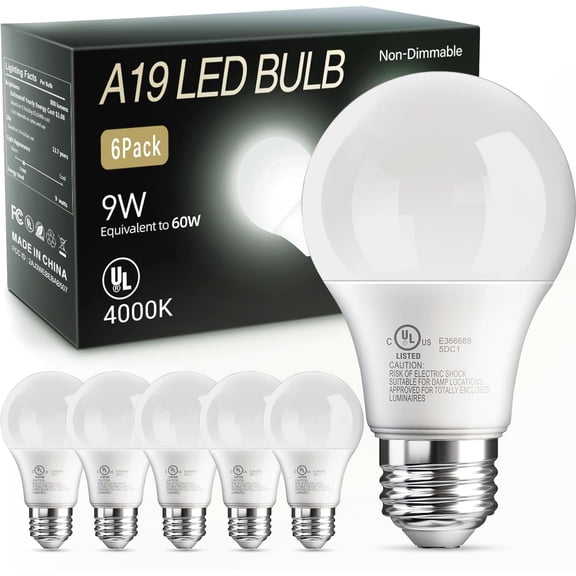 PLUHKN-6 Pack A19 LED Light Bulbs, 60 Watt Equivalent LED Bulb, Efficient 9W, Cool White 4000K, E26 Standard Base, Neutral White Lightbulb, Non Dimmable, Energy Saving, 800LM, 80 CRI, 120V, UL Listed