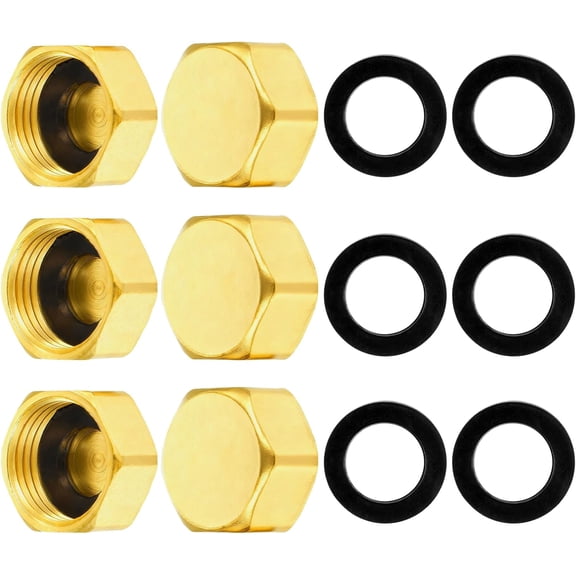PLUHKN-6 Pcs Garden Hose End Cap, 3/4" GHT Female Brass Hose End Caps, Outdoor Spigot Plug Cap with Washers for Garden Water Spigot