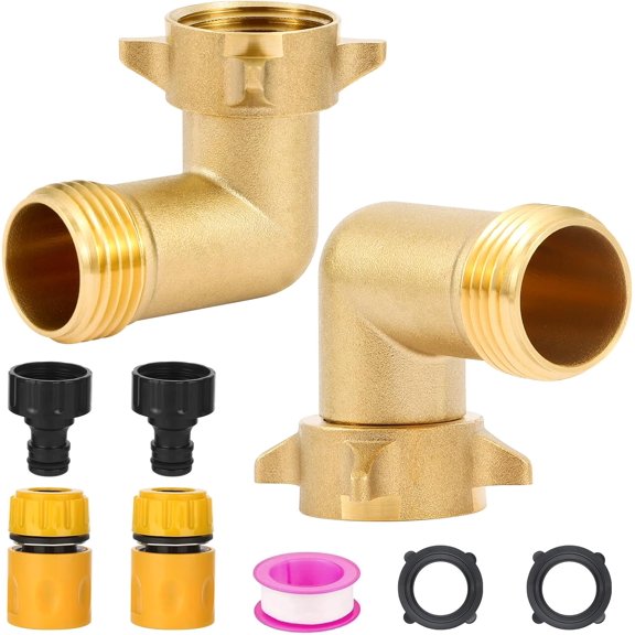 PLUHKN-90 Degree Brass Garden Hose Elbow Connector, 3/4" Male Thread x 3/4" Female Thread, High-Flow Valve Core with Easy Grip Connector, Includes Quick-Connect Hose Kit for RV Exterior Faucets (2 se