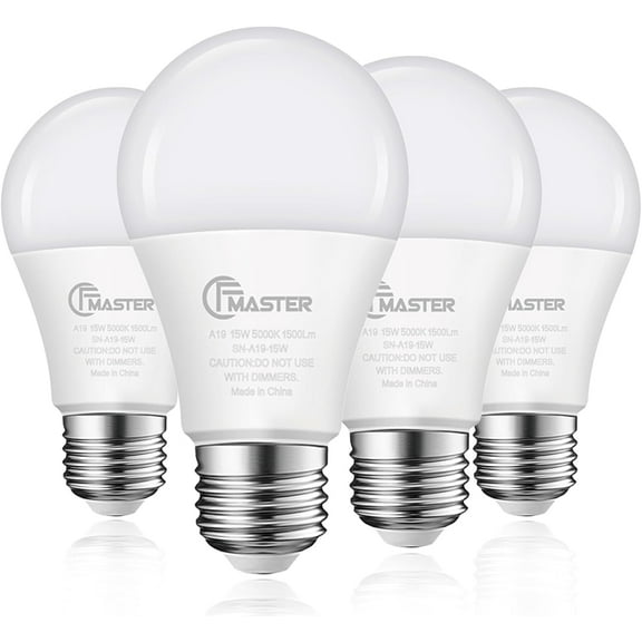 PLUHKN-A19 LED Light Bulb, LED Bulbs 100 Watt Equivalent, 5000K Daylight Light Bulbs, 1500 Lumens, E26 Standard Base Lightbulb, Non-Dimmable 15W Bright White Bulbs for Home, ETL Listed(4-Pack)
