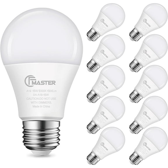 PLUHKN-A19 LED Light Bulb, LED Bulbs 100 Watt Equivalent, 5000K Daylight Light Bulbs, 1500 Lumens, E26 Standard Base Lightbulb, Non-Dimmable 15W Bright White Bulbs for Home, ETL Listed(10-Pack)