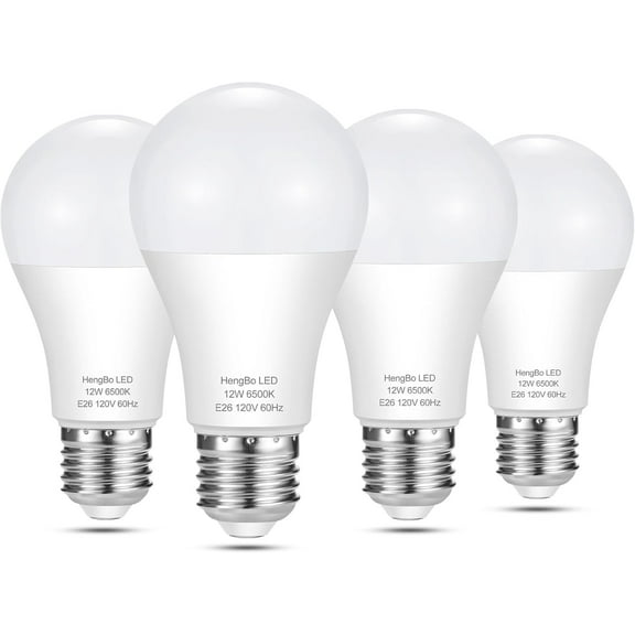 PLUHKN-A19 LED Light Bulbs 100 Watt Equivalent, HengBo 6500K Daylight White Light Bulb, 12W 1200 Lumens, Non-Dimmable, E26 Standard Medium Base Super Bright Lamp for Bathroom Home Lighting (Pack of 4