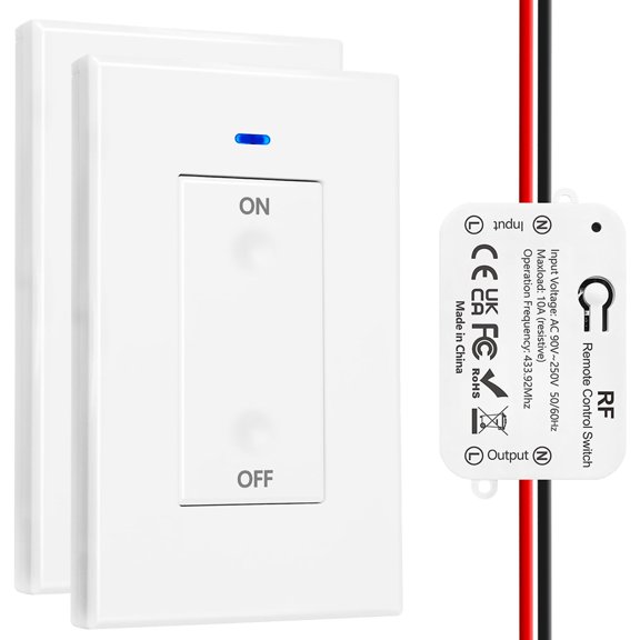 PLUHKN-AC 110V 120V 220V 240V Wireless Remote Control Light Switch 1500W 1 Channel 433Mhz RF Relay Receiver with 2 Transmitters Keyfob for Lamp Bulb, Easy to Install