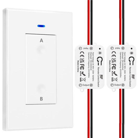 PLUHKN-AC 110V 120V 220V 240V Wireless Remote Control Light Switch 1500W 1 Channel 433Mhz RF Relay Receiver with 2 Transmitters Keyfob for Lamp Bulb, Easy to Install