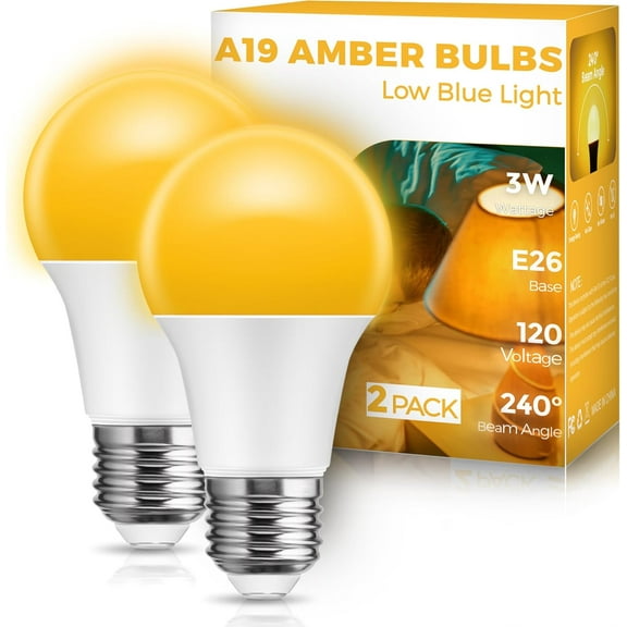 PLUHKN-Amber Light Bulbs for Healthy Sleep, 3W Warm Light Bulbs Blue Light Blocking, Low Watt Light Bulbs 40W Equivalent, E26 A19 Dim Light Bulbs for Lamp, Bderoom, Mood Soothing, Nursery, 2 Pack