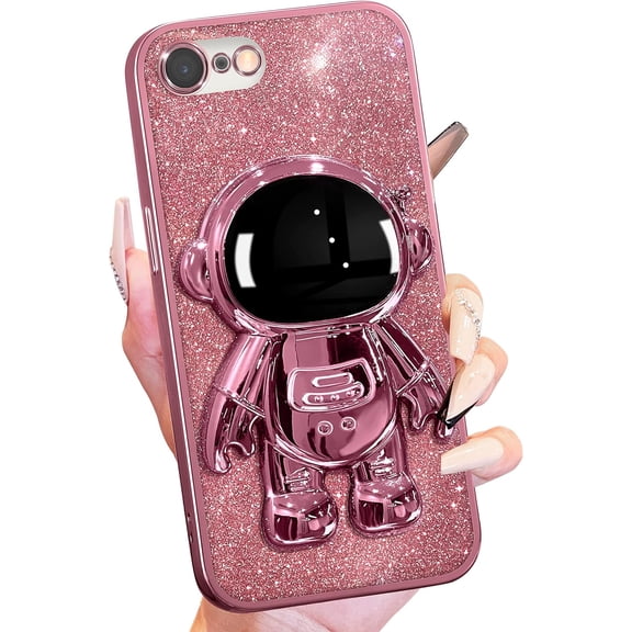PLUHKN-Astronaut Clear Glitter Phone Case for iPhone 6s/6 with Spaceman Stand, Cute Electroplated Sparkly Space Phone Cover