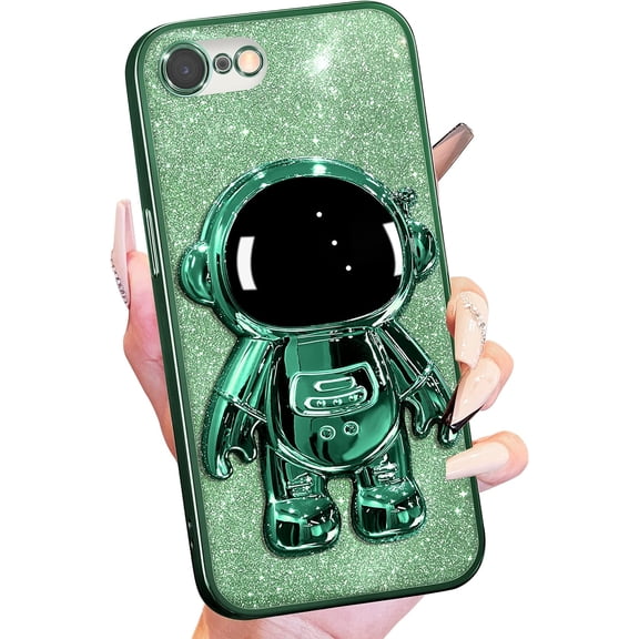 PLUHKN-Astronaut Glitter Phone Case for iPhone 6s/6 with Spaceman Stand, Cute Electroplated Sparkly Space Phone Cover for iPhone 6/6s Green