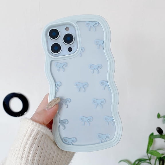 PLUHKN-Bow Case for iPhone 13 Pro Max, Clear Cute Ribbon Bow Phone Case Curly Wavy Aesthetic Phone Case, Slim Soft Transparent Shockproof Protective Cover for Women Girls - Light Blue