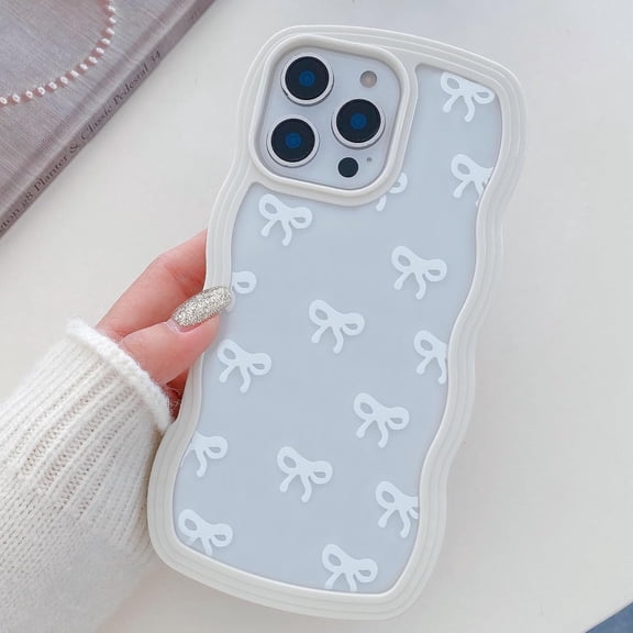 PLUHKN-Bow Case for iPhone 13 Pro Max, Clear Cute Ribbon Bow Phone Case Curly Wavy Aesthetic Phone Case, Slim Soft Transparent Shockproof Protective Cover for Women Girls - White
