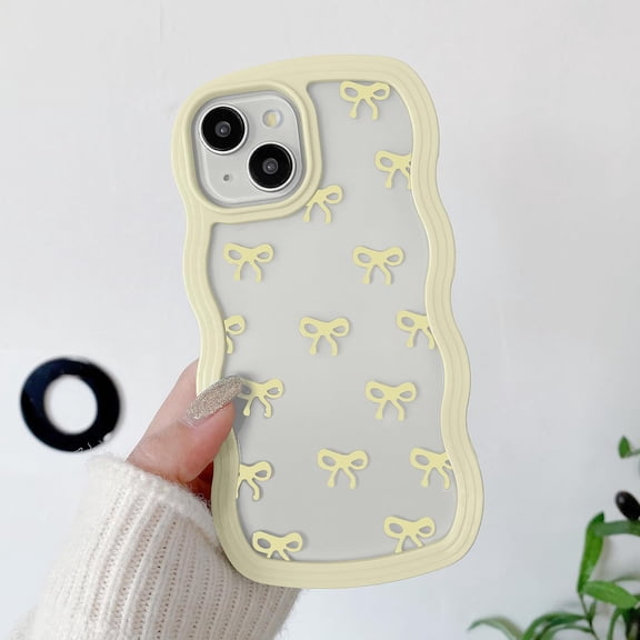 PLUHKN-Bow Case for iPhone 13/iPhone 14, Clear Cute Ribbon Bow Phone Case Curly Wavy Aesthetic Phone Case, Slim Soft Transparent Shockproof Protective Cover for Women Girls - Yellow