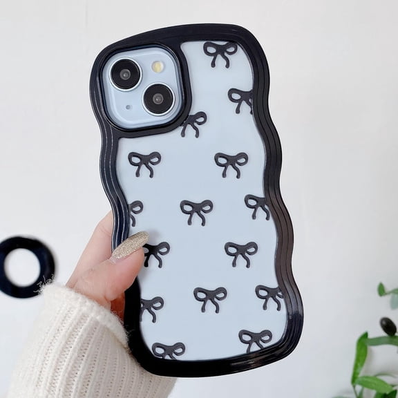 PLUHKN-Bow Case for iPhone 15, Clear Cute Ribbon Bow Phone Case Curly Wavy Aesthetic Phone Case, Slim Soft Transparent Shockproof Protective Cover for Women Girls - Black