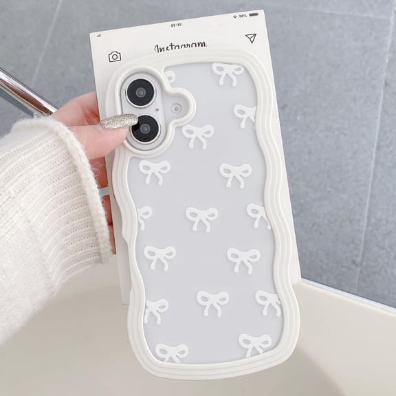 PLUHKN-Bow Case for iPhone 16, Clear Cute Ribbon Bow Phone Case Curly Wavy Aesthetic Phone Case, Slim Soft Transparent Shockproof Protective Cover for Women Girls - White